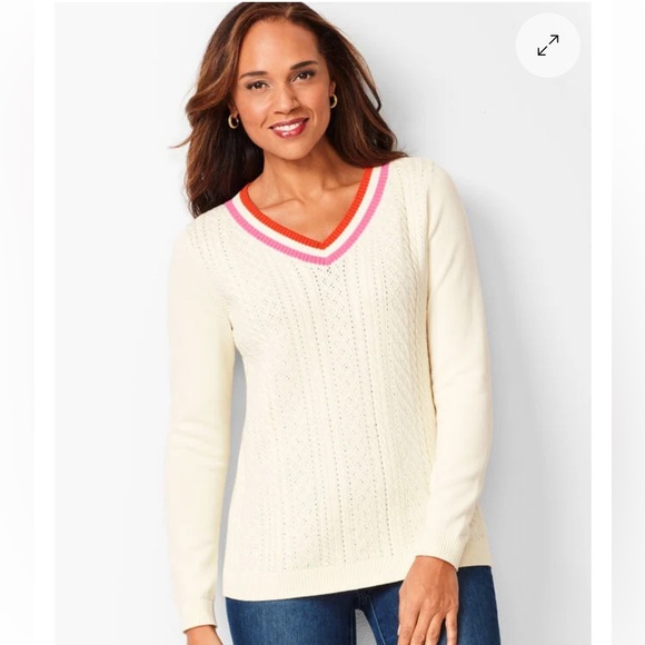 Talbots Pointelle Cream V-Neck Sweater with Pink Trim - Picture 11 of 11
